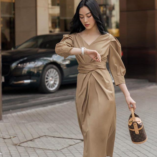 Criss Cross Waist Puff Sleeve Dress