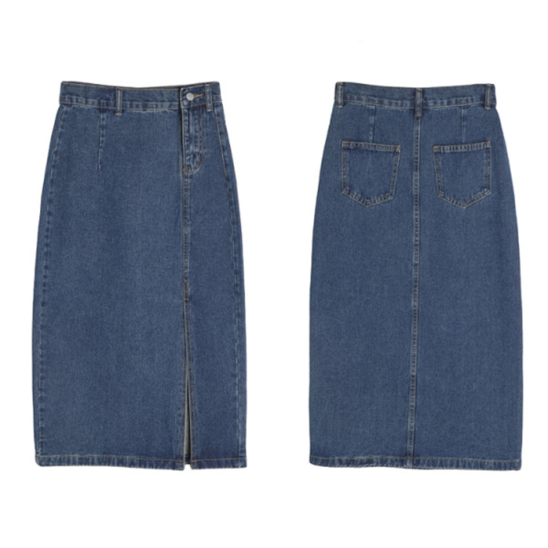 Side Slit High Waist Denim Midi Skirt