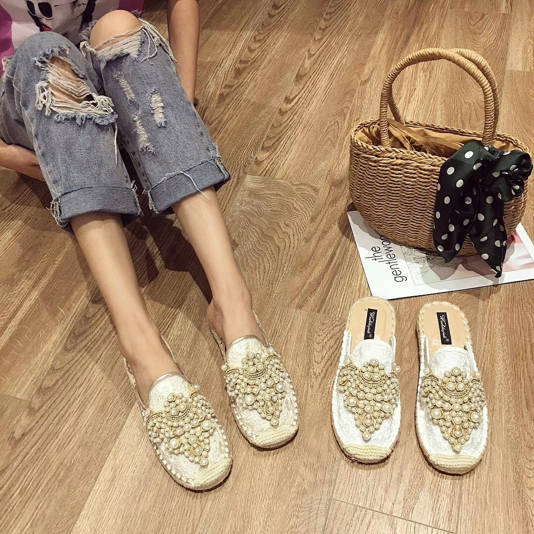 Pearl Embellishment Slip On Rope Flats