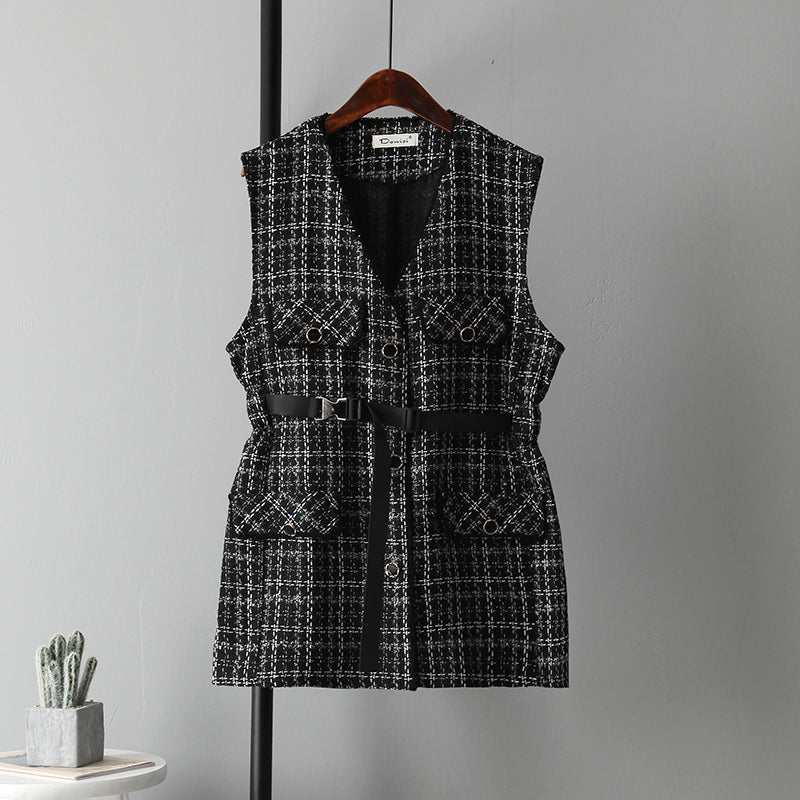 Tweed Fabric Belted Vest