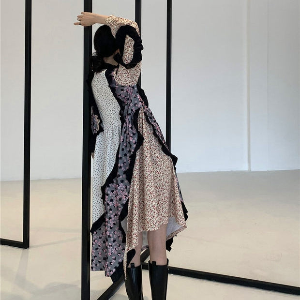 Mixed Floral Print Ruffle Edge Dress
