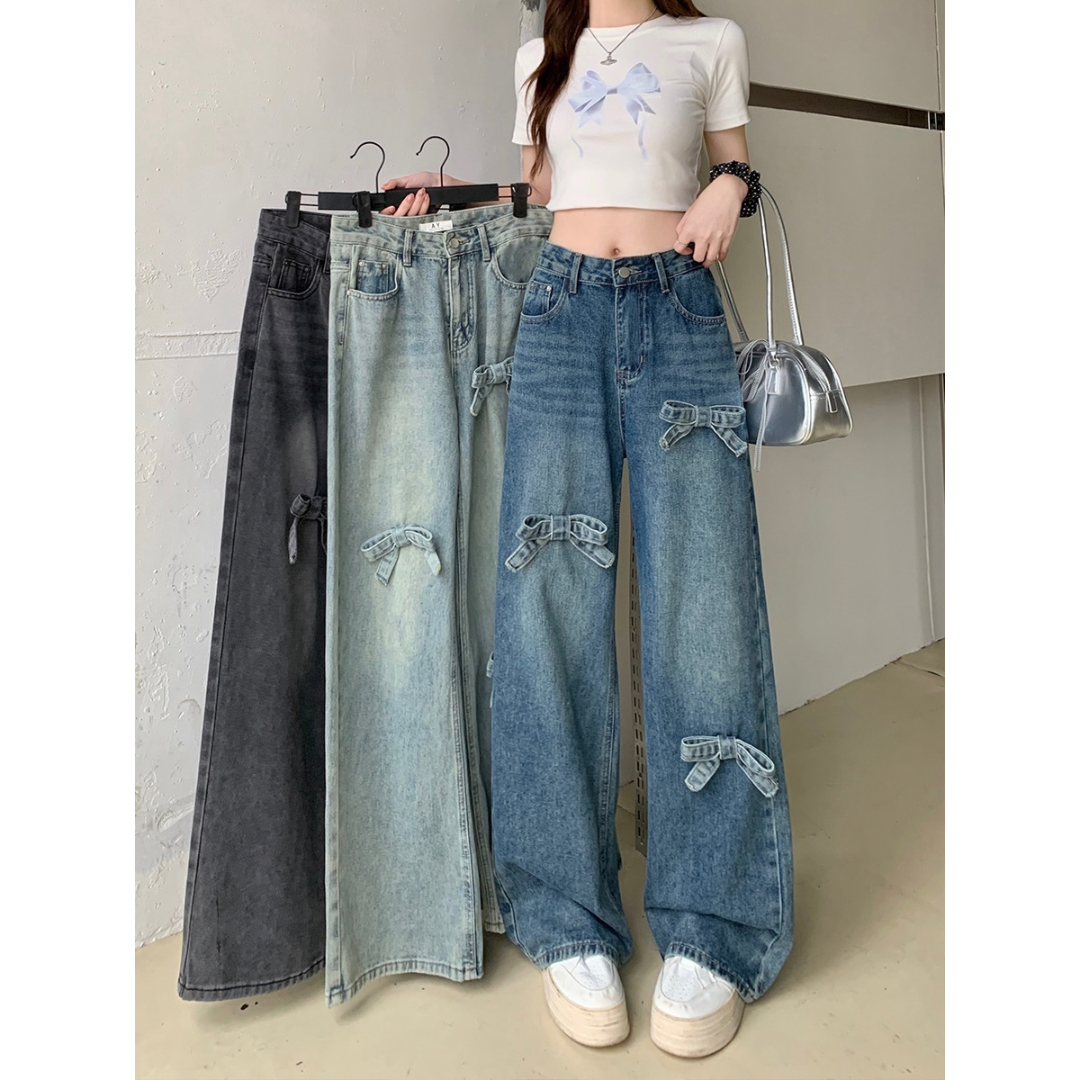 Ribbon Bow Wide Leg High Waist Jeans