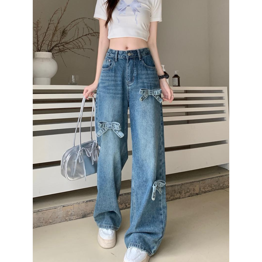 Ribbon Bow Wide Leg High Waist Jeans