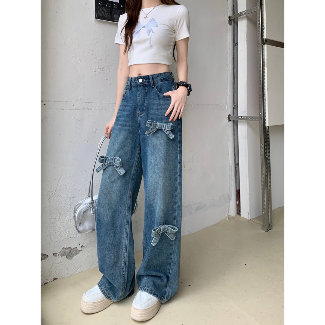 Ribbon Bow Wide Leg High Waist Jeans