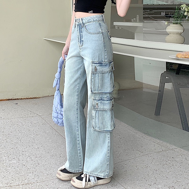 Vintage Wash Loose Fit Multi Pocket Jeans