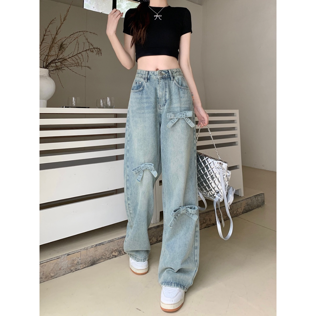 Ribbon Bow Wide Leg High Waist Jeans