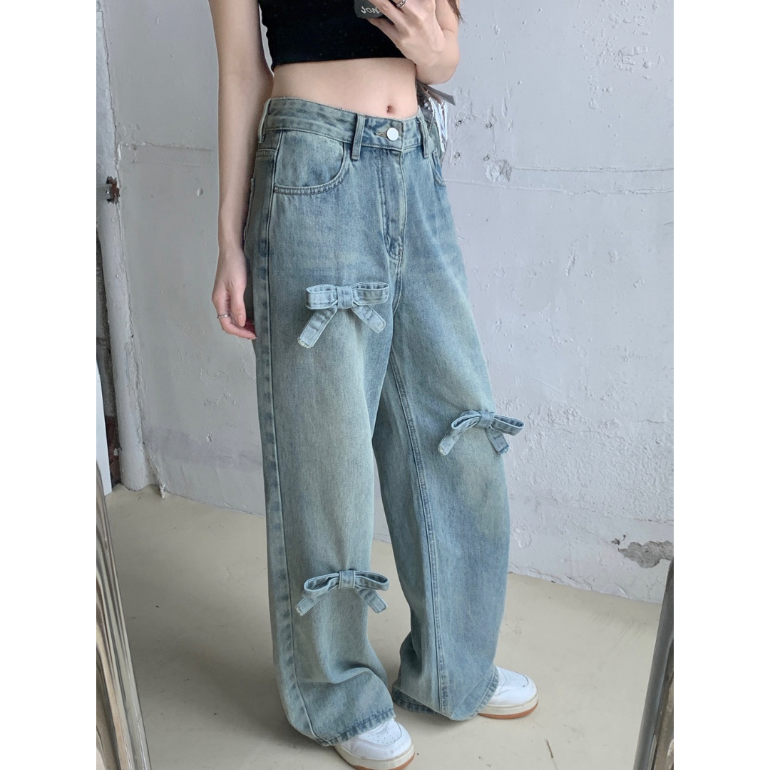 Ribbon Bow Wide Leg High Waist Jeans