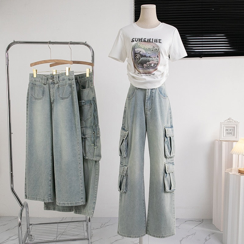 Vintage Wash Loose Fit Multi Pocket Jeans