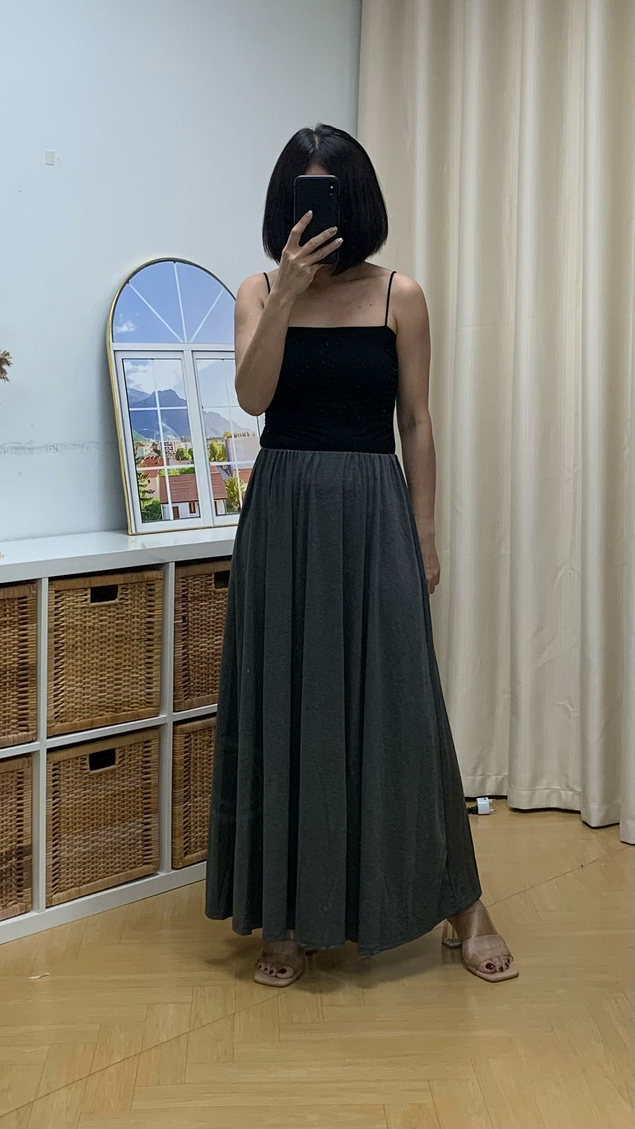 Elastane-Waist Maxi Slip Skirt (Dark Grey) [Ref : 24266612]