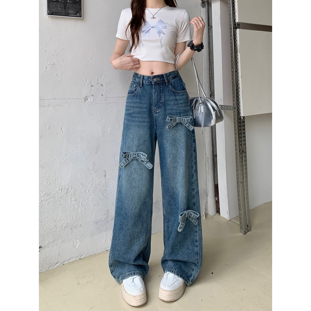 Ribbon Bow Wide Leg High Waist Jeans