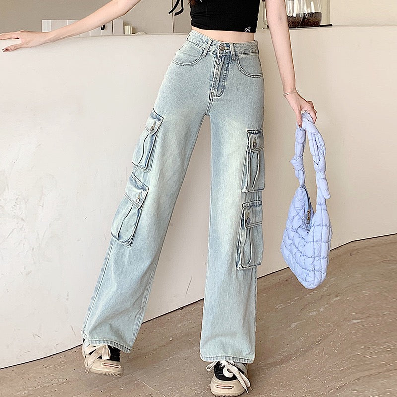 Vintage Wash Loose Fit Multi Pocket Jeans