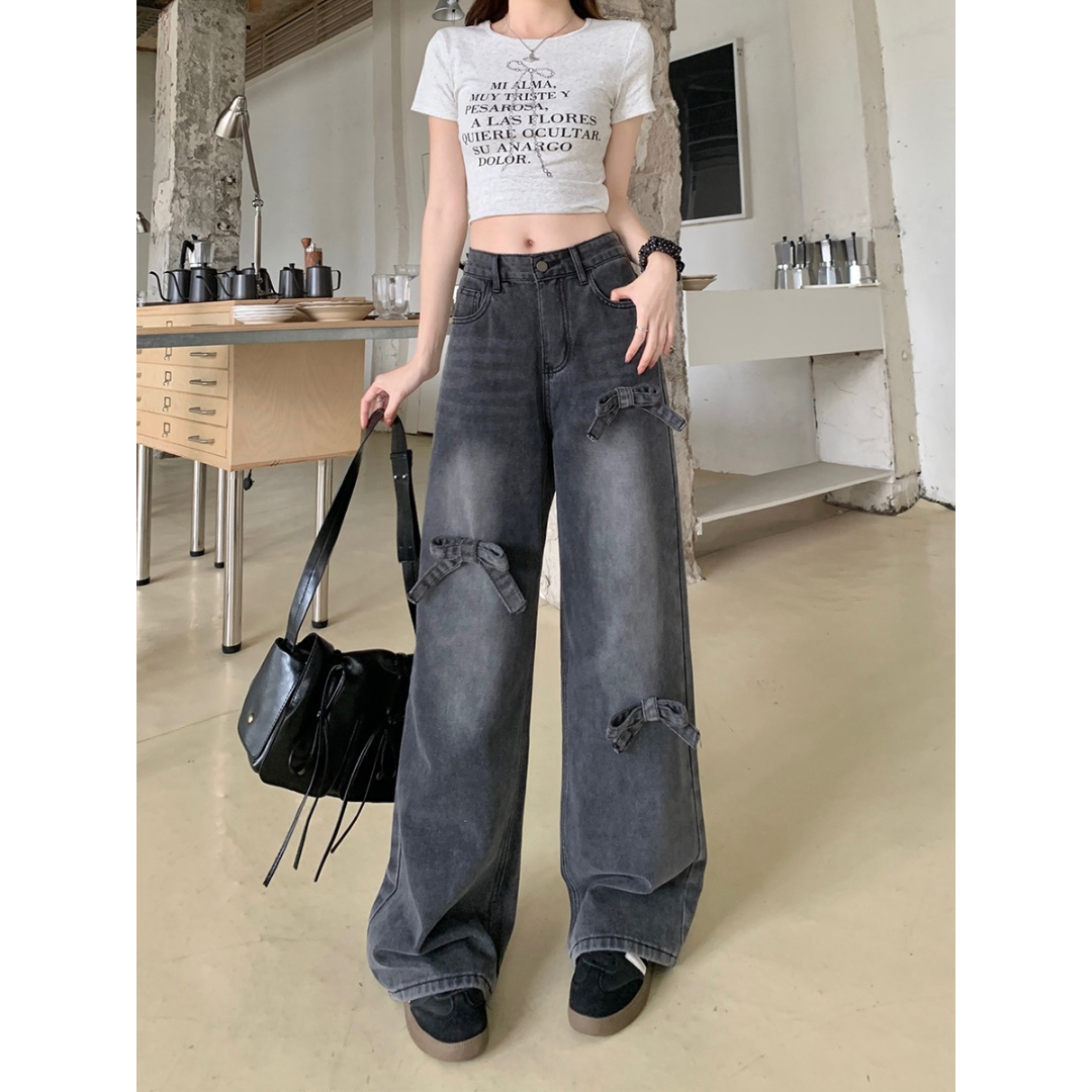 Ribbon Bow Wide Leg High Waist Jeans