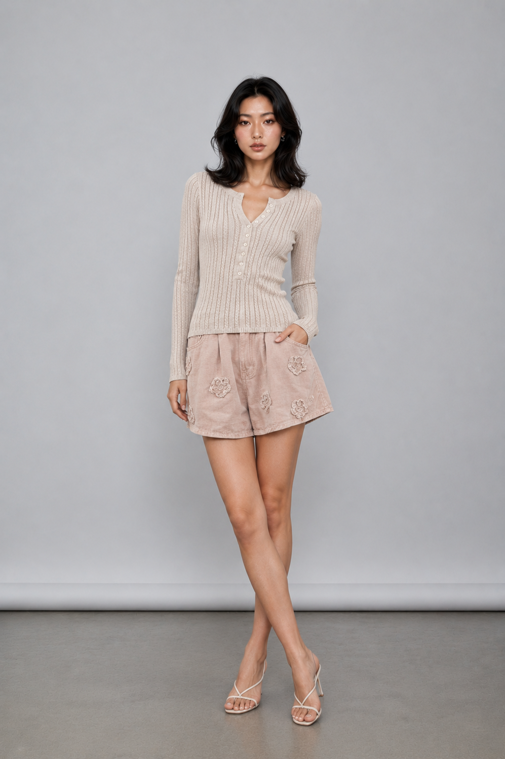 Ava Cable Knit Long Sleeve Button V-Neck Top