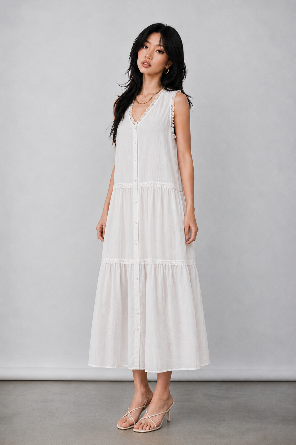 Tessa Lace Trim Button-Down Layered Dress