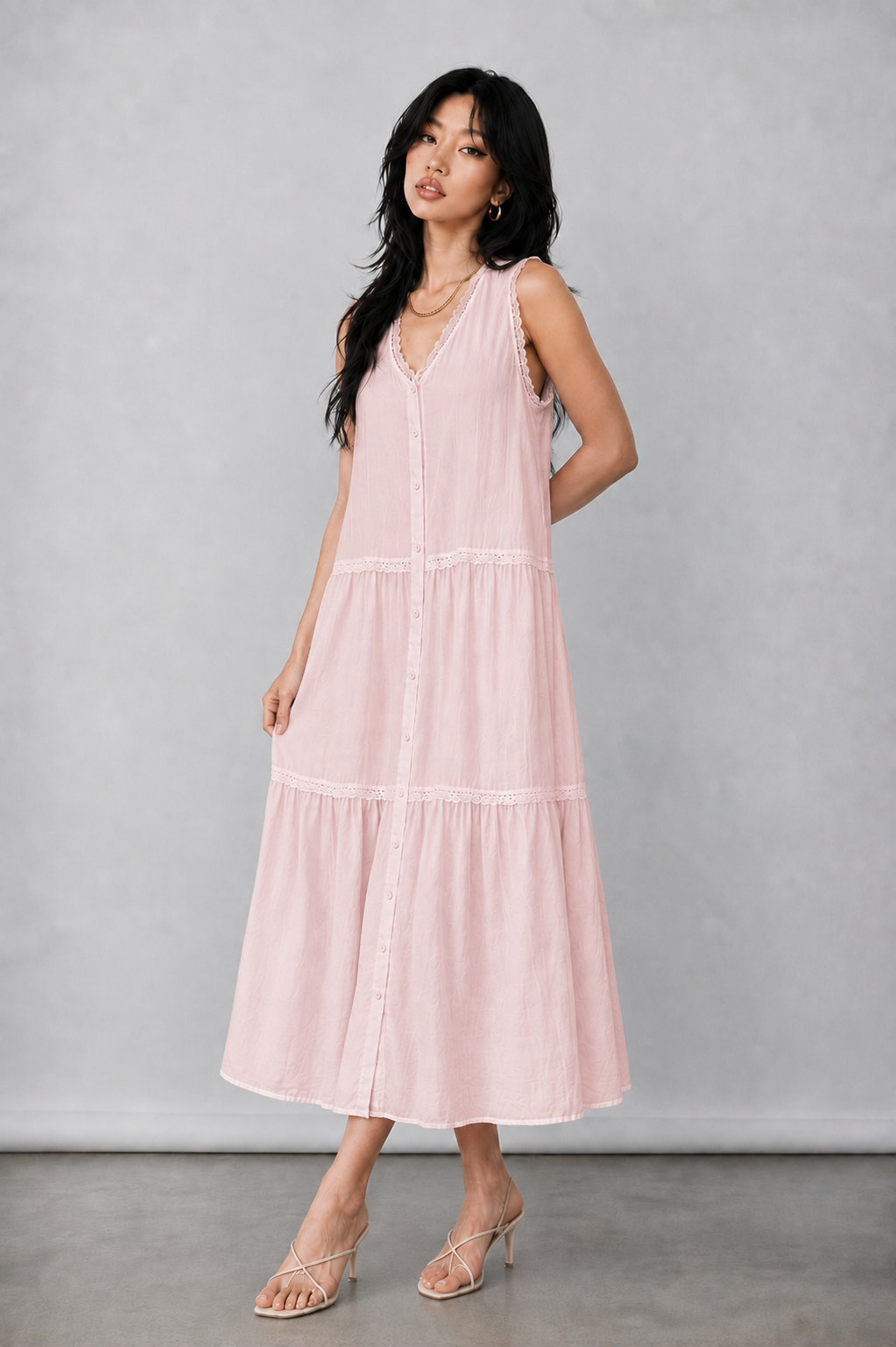 Tessa Lace Trim Button-Down Layered Dress