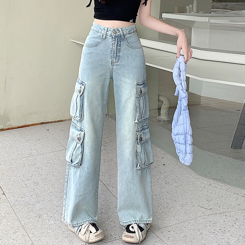 Vintage Wash Loose Fit Multi Pocket Jeans