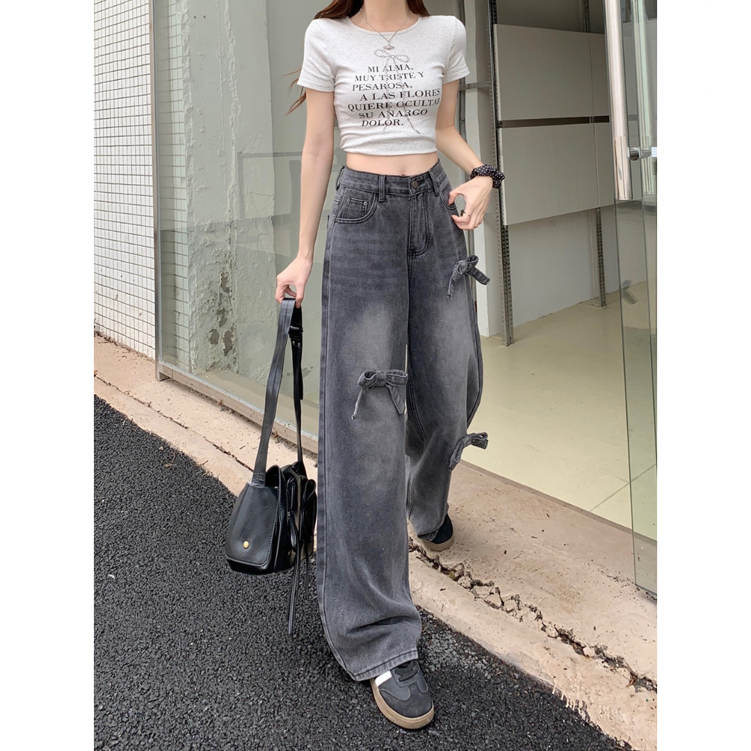 Ribbon Bow Wide Leg High Waist Jeans