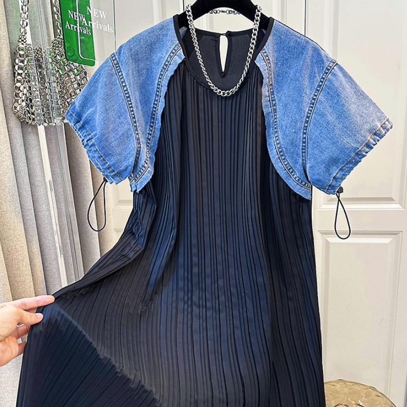 Melanie Pleated A-Line Dress With Denim Sleeve