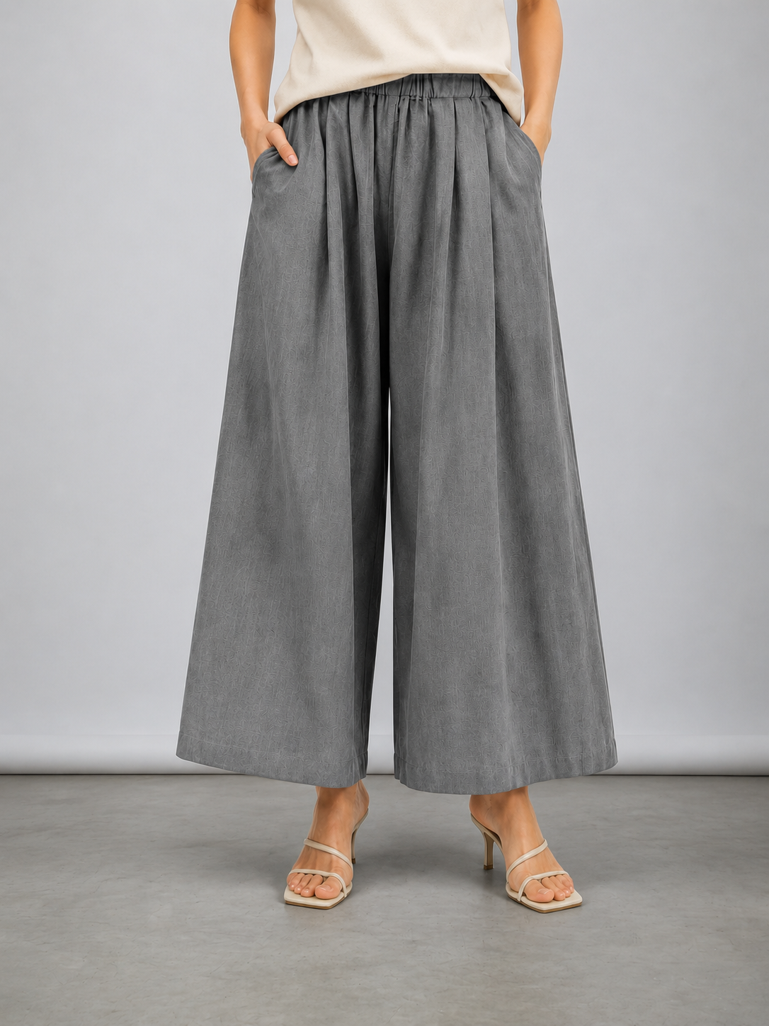 Romee Elastic Waistband Textured Fabric Wide Leg Pants