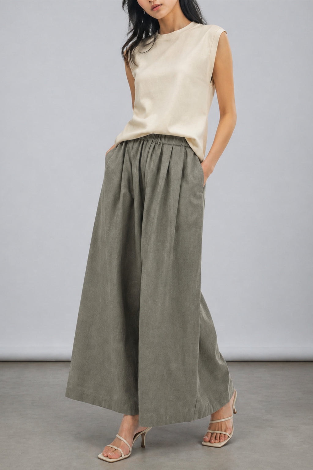 Romee Elastic Waistband Textured Fabric Wide Leg Pants