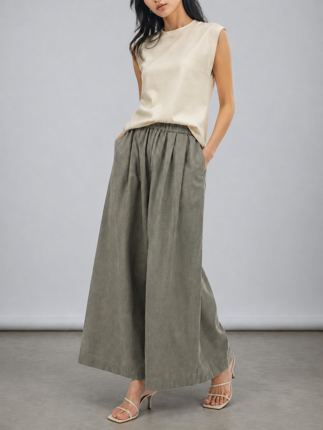 Romee Elastic Waistband Textured Fabric Wide Leg Pants