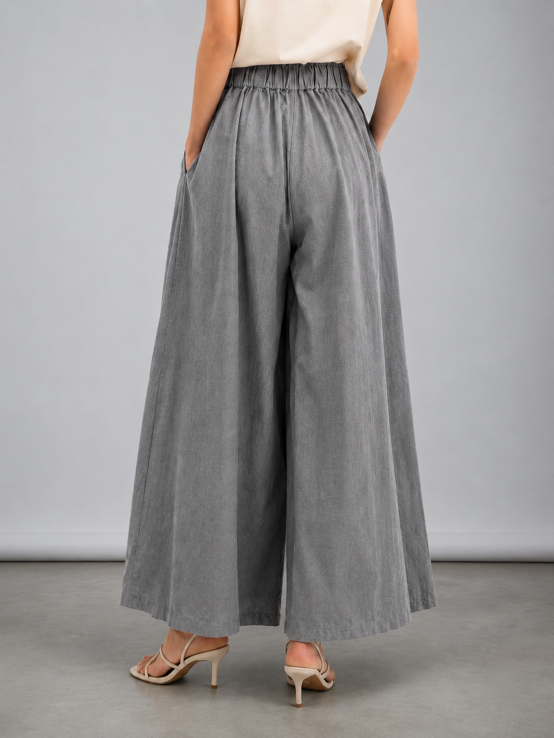 Romee Elastic Waistband Textured Fabric Wide Leg Pants