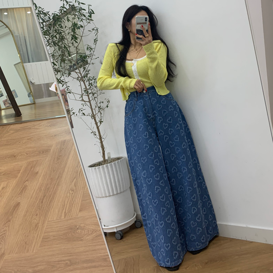 Laurel Heart Pattern High Waist Wide Leg Jeans