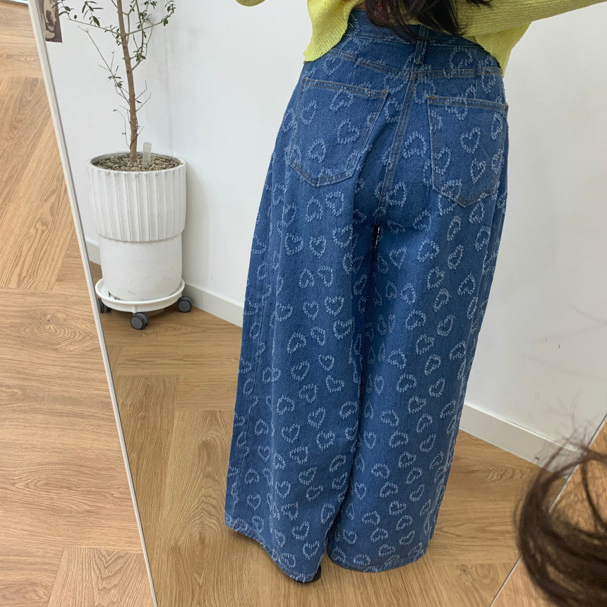 Laurel Heart Pattern High Waist Wide Leg Jeans