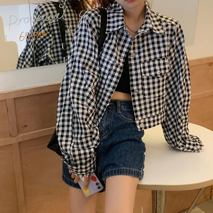 Ria Checkered Collared Crop Jacket