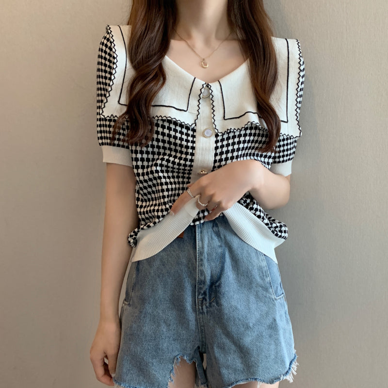 Krissy Checkered Flap Knit Collar Top