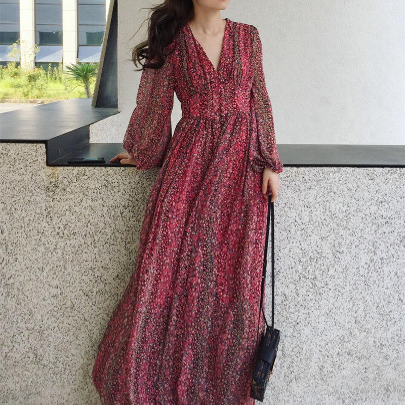 Red floral maxi hot sale dress long sleeve