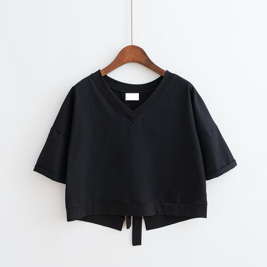 V-Neck Back Tie Crop Tee