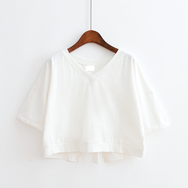 V-Neck Back Tie Crop Tee