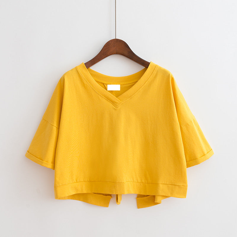 V-Neck Back Tie Crop Tee