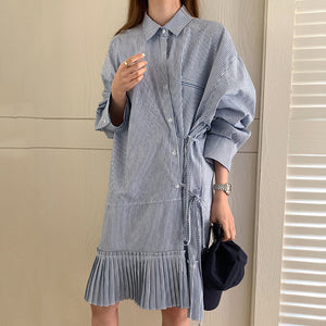 Stripe Designer Pleated Hem Shirt Dress