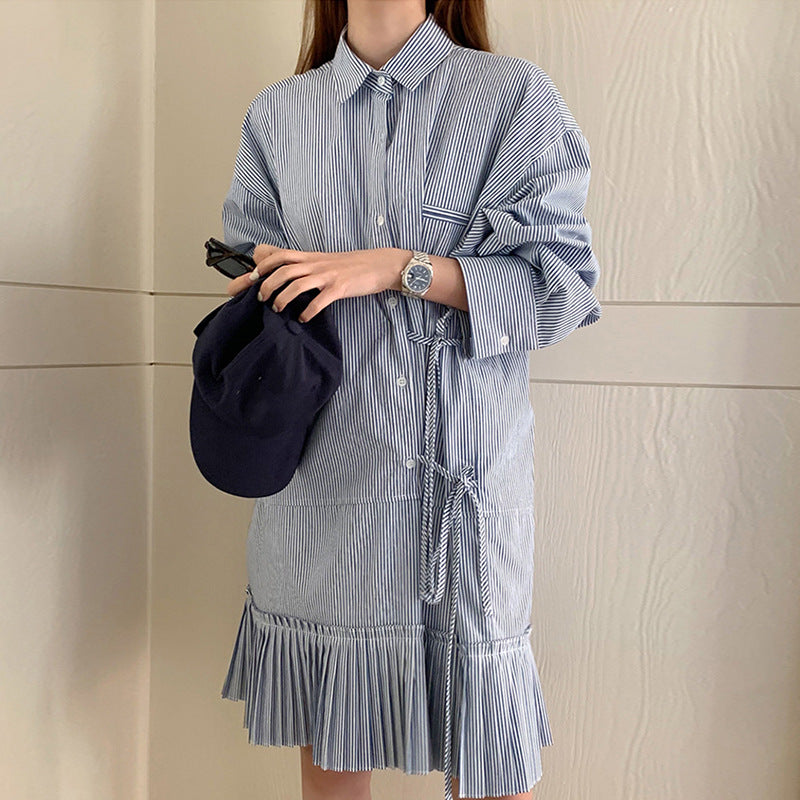 Stripe Designer Pleated Hem Shirt Dress