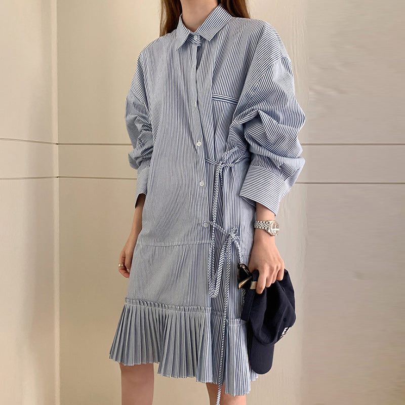 Stripe Designer Pleated Hem Shirt Dress