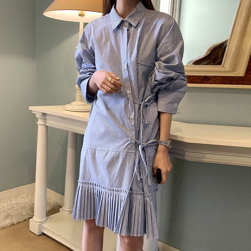 Stripe Designer Pleated Hem Shirt Dress