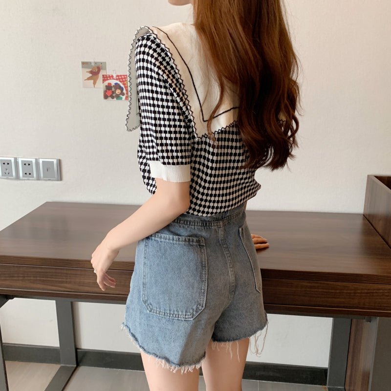 Krissy Checkered Flap Knit Collar Top