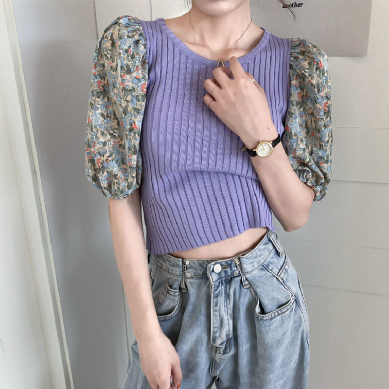 Floral Bubble Sleeve Knit Top