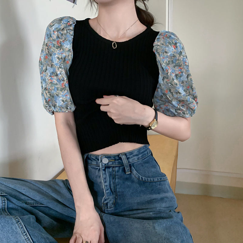 Floral Bubble Sleeve Knit Top