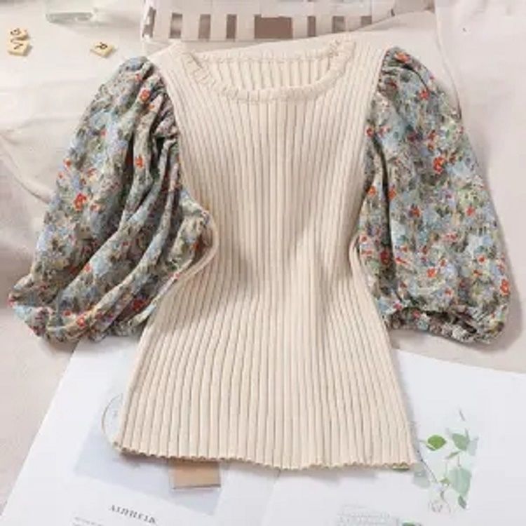 Floral Bubble Sleeve Knit Top