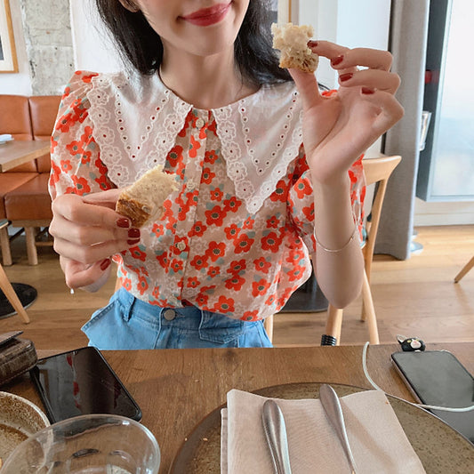 Floral Print Eyelet Collar Blouse