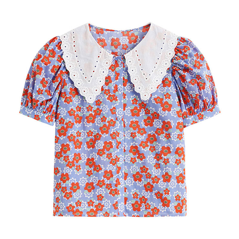 Floral Print Eyelet Collar Blouse