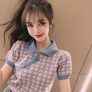 Checkered Polo Cheongsam Knit Top