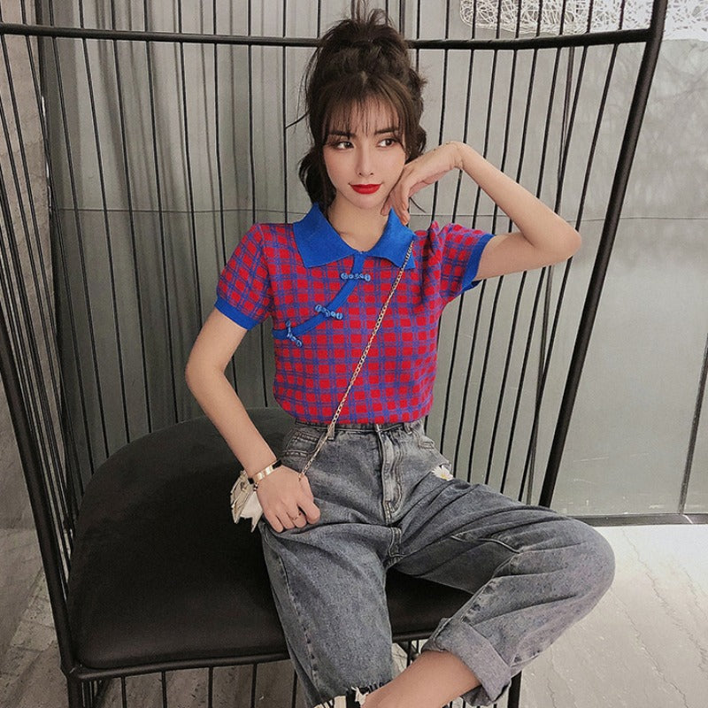 Checkered Polo Cheongsam Knit Top
