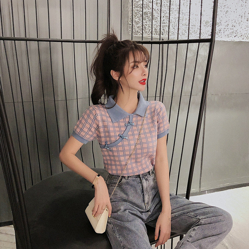 Checkered Polo Cheongsam Knit Top