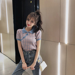 Checkered Polo Cheongsam Knit Top