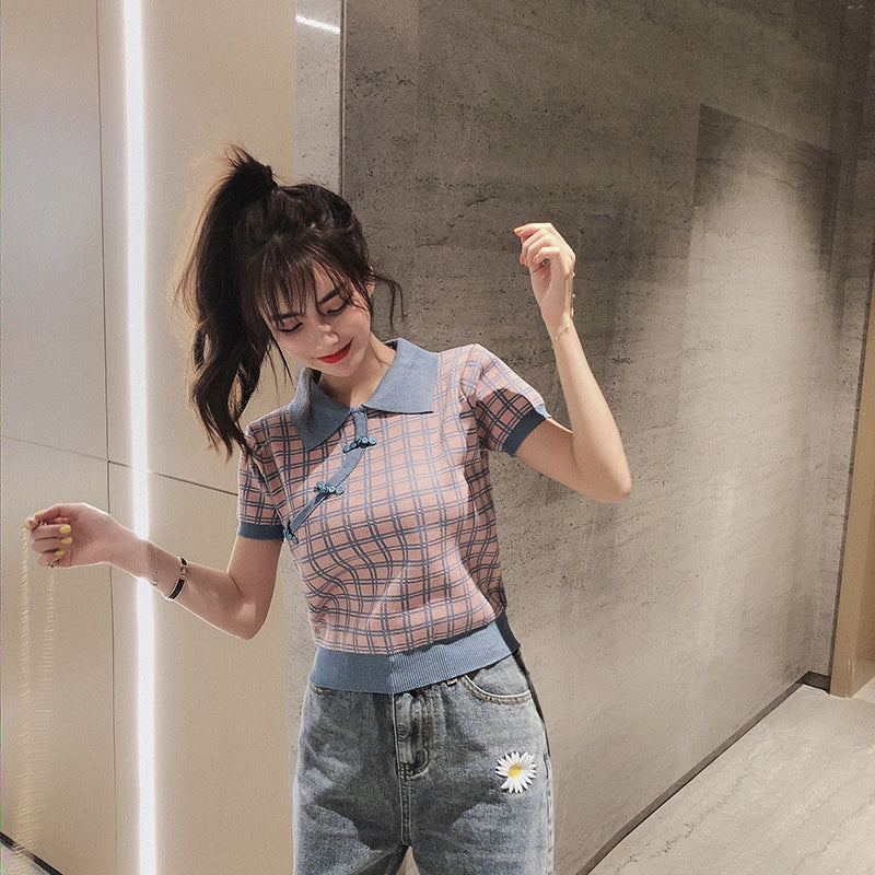 Checkered Polo Cheongsam Knit Top