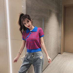 Checkered Polo Cheongsam Knit Top